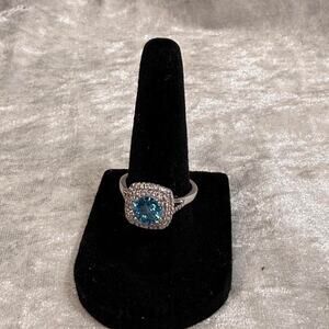 Y2K Blue CZ Halo Ring | Silver Plated Stainless Steel | Statement Ring Size 7
